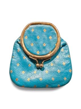 Vintage Made in Italy Genuine Leather Kiss Lock Mini Pouch Coin Purse Blue Gold